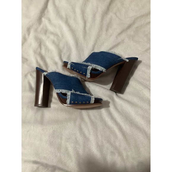 Veronica Beard Studded Fringe Denim Chunk Clog Heel, Peep Toe Size US 6 - Picture 2 of 7